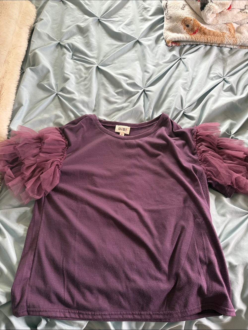 BiBi Plum Tulle Puff Sleeve Top